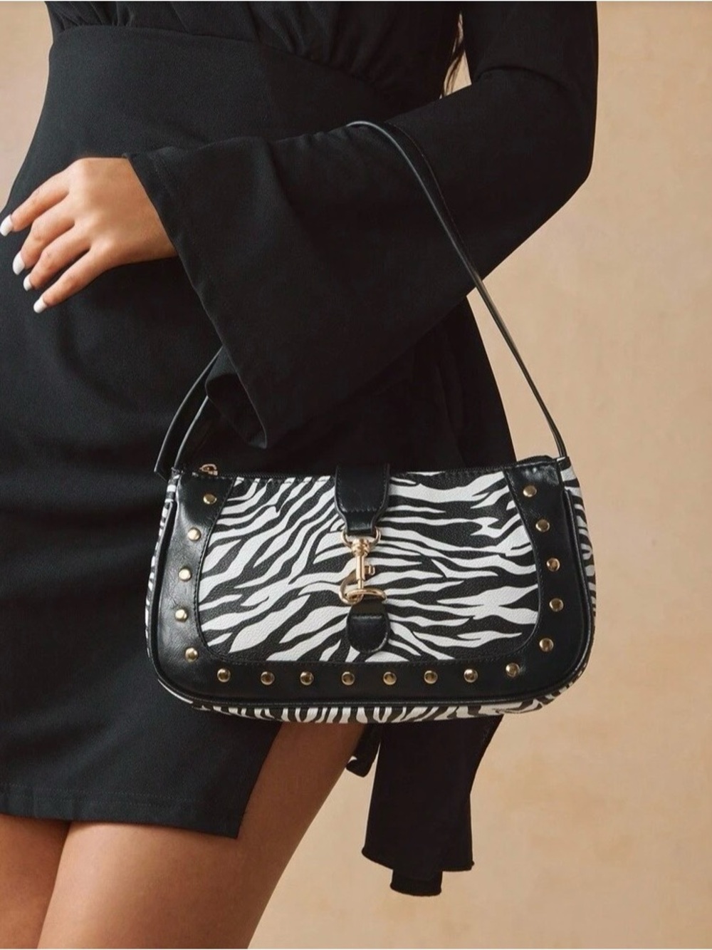 Black & White Zebra Print Shoulder Bag with Gold Accents - Picture 5 of 5